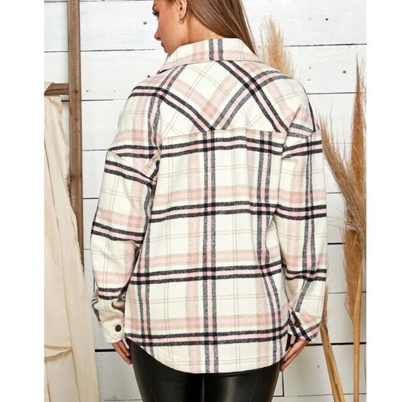 Boho Western Pink Black Plaid Flannel Shirt Jacket Shacket Outerwear - Picture 5 of 6